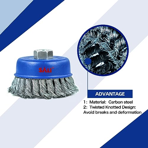 SALI 6 Pack Wire Cup Brush, 4 Inch Twisted Knotted Cup Brush for Grinders, with 5/8-11 Inch Arbor for Heavy Cleaning Rust, Stripping and Abrasive, for Angle Grinder Twiste Wire 6.0