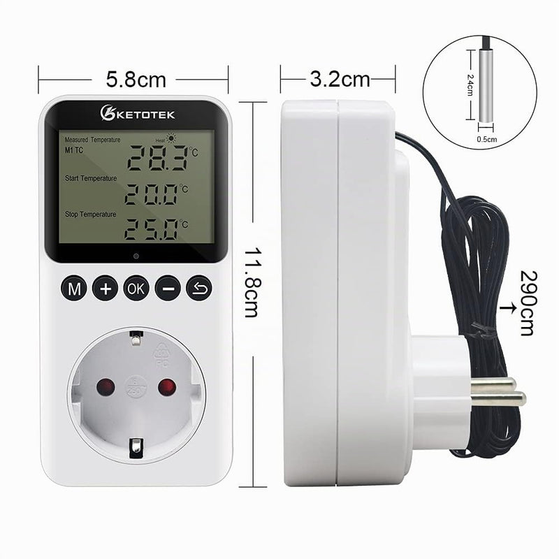 KETOTEK Digital Thermostat Socket Day Night Temperature Controller Sockets | 100-250V Heating Cooling Temperature Switch with Sensor Timer Regulator for Greenhouse Reptiles Fridge KT3200Pro