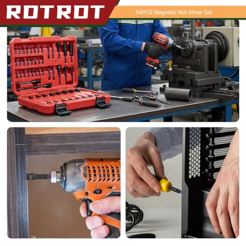 54-Piece Magnetic Nut Driver Set, Impact Drill Driver Bit 1/4", Metric & SAE Nut Drivers for Impact Drill, Socket Adapters, Screwdriver Bit, Quick-Release Extension, Wing Nut Driver, Storage Box 54-Piece Magnetic Nut Driver Set