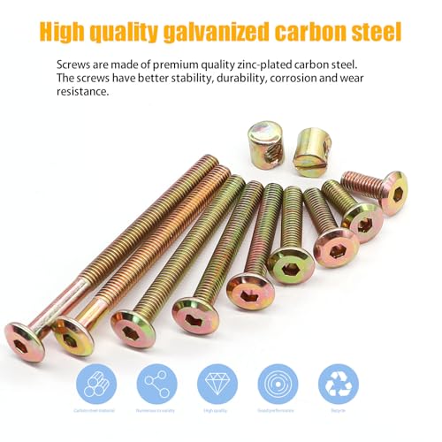 weideer 122PCS Crib Screws and Nuts Kit, Furniture Bolts M6x16/20/25/30/40/50/60/70/80mm,Barrel Nuts Wooden Dowel Pins Hex Drive Socket Cap Screws Kit for Beds Chairs Furniture K-195 122PCS-M6x16/20/25/30/40/50/60/70/80mm Gold