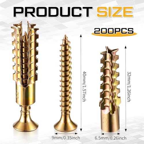 Moxweyeni 200 Pack 6 x 32 mm Hollow Wall Anchors with Screws, Gold