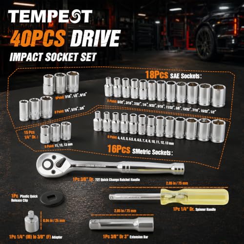 TEMPEST 40 Pieces Drive Socket Set 1/4" & 3/8" Drive, SAE and Metric CR-V Sockets, Quick-Release Ratchet Handle, Extension Bar & Adapter with Storage Case, for Automotive Repair & Home DIY