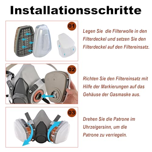 Faburo Respirator Mask Set, Gas Mask, Painting Mask with Filter Cartridges, Cotton Filter for Gases, Vapors, Chemicals, Sprays, Fine Dust Mask, Protective Mask with Filter Half mask