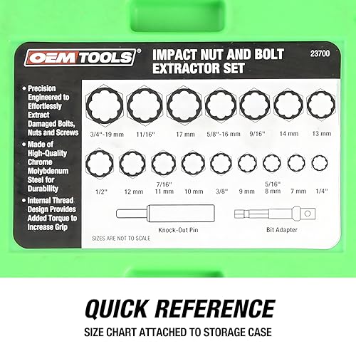 OEMTOOLS 23700 18Pc CrMo Impact Nut and Bolt Extractor Kit, Extractor Set Removes Stripped and Damaged Fasteners, 3/8” Drive Bolt Extractor Set, Impact Wrench Compatible
