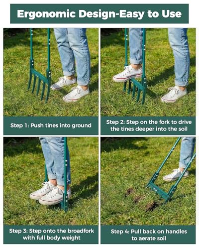 Broadfork Garden Tool, 5-Tine Manual Soil Tiller, Heavy Duty