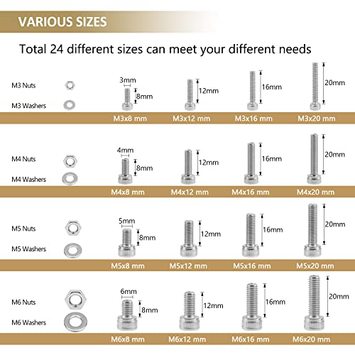814 Pieces Socket Head Cap Screws Nuts Washers Kit, Kindroufly M3 M4 M5 M6 Screw Assortment Kit, Metric Screw Set, Bolts and Nuts, Machine Screws, 304 Stainless Steel, Fully Machine Thread M3/M4/M5/M6
