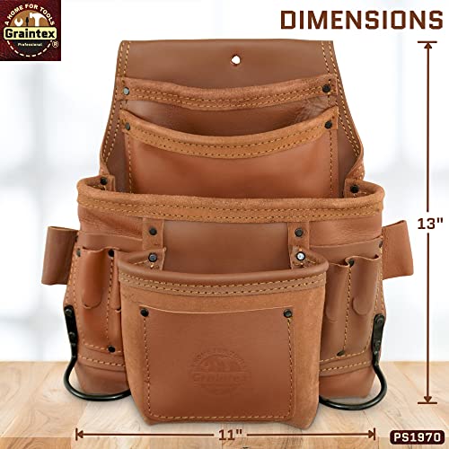 Graintex PS1970 :: 10 Pocket Nail & Tool Pouch Tan Color Industrial Grade Leather; for Constructors, Handyman, Plumbers, Electrician