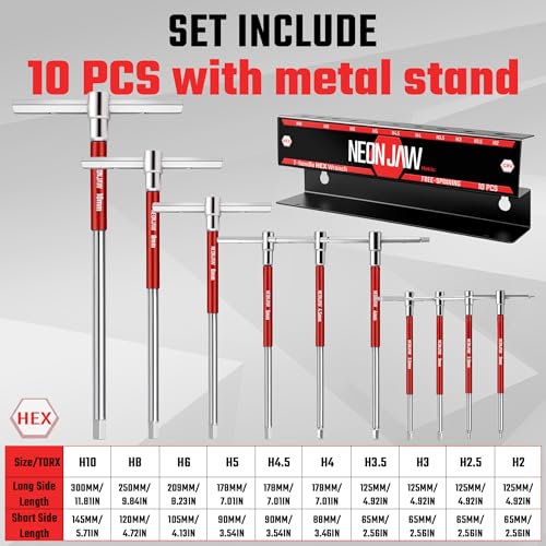 10pcs T-Handle Hex Allen Key Wrench Set 10mm 8mm 6mm 5mm 4.5mm 4mm 3.5mm 3mm 2.5mm 2mm with 3-Way Sliding Handle, Spinning Sleeve, Steel Storage Rack for DIY, Mechanics, Red t handle Hex allen wrench set