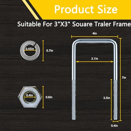 3" W x 7.1" L Zinc-Plated U-Bolts with Nuts and Spring Washers for Boat Trailer Tubes, Rectangular Wood and Metal Objects, Square Zinc-Plated Bolts (M10 x 80mm x 180mm 3inch
