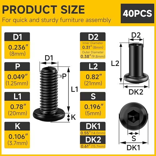 Mywish M8 x 20mm 50Pcs Flat Head Hex Socket Cap Screws Bolts & M8 x 20mm 20Set Flat Head Hex Socket Cap Screws Bolts with Barrel Nuts, 304 Stainless Steel Furniture Bolts Full Thread, Black Oxide & He