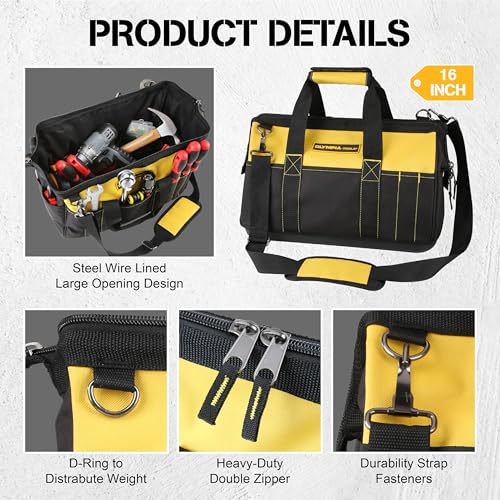 Olympia Tools 16 Inch Wide Mouth Tool Bag, Tool Tote with Water Proof Molded Base, Tool Bags for men with 21 Pockets and 7 Belt Loops, Padded Handle, Adjustable Shoulder Strap Standard