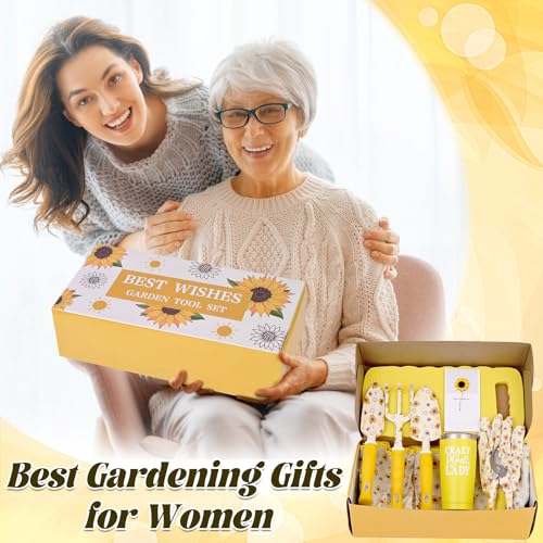Gardening Gifts for Women, Gardening Tools for Women, 9 PCS Sunflower Garden Tools Set Kit with Garden Tool Bag, Mother's Day Birthday for Gardener Mom Grandma Aunt, Yellow