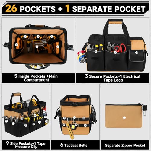 27 Pockets Tool Bags for Men,16-Inch Heavy Duty Tool Bag,Large Toolbag Tool Box Organizer,Portable Toolbox Tools Tote Carrying Case for Mechanic,Electrician,Father Day Gifts for Him Dad Men,Brown 16 Inch Black+Brown