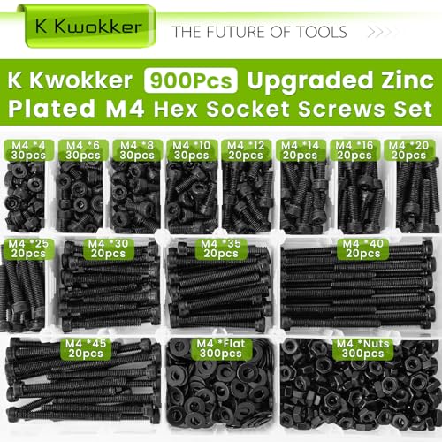 900PCS M4 Nuts and Bolts Assortment Kit 4mm-45mm, Upgraded Zinc Plated 12.9 Alloy Steel M4 Screw Assortment, Hex Socket Head Cap Machine Screws Bolts and Nuts Kit 4/6/8/10/12/14/16/20/25/30/35/40/45MM A.M4