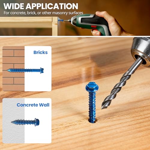 200PCS Concrete Screws, 3/16" 1/4" Masonry Screws with Drill Bit and Driver Bit, 7 Sizes Hex Head Cement Screws for Masonry, Block or Brick, Diamond Point, Blue Coated 200PCS 3/16" & 1/4" Assortment (7 Sizes) Slotted Hex Head