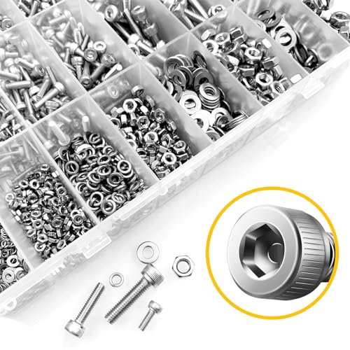 Mywish 900Pcs M3 M4 M5 M6 Metric Screws Assortment, Grade 12.9 Alloy Steel & 2200pc M2 M3 M4 M5 Metric Screw Assortment Kit, Stainless Steel Hex Socket Head Nuts and Bolts with Spanner