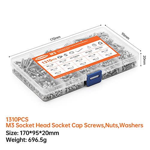 1310PCS M3 x 4/5/6/8/10/12/14/16/18/20/25/30mm Hex Socket Head Cap Screws Bolts and Nuts Flat Washers Assortment Kit, 304 Stainless Steel, Metric Machine Fully Thread, Allen Hex Drive M3 Socket Head (1310PCS)