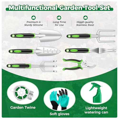 Gardening Tools 10-Piece, Heavy Duty Garden Tool Set with Fashion and Durable Garden Tools Organizer Handbag, Rust-Proof Gardening Hand Tools Weeding Kit, Ideal Gardening Gifts for Women Green