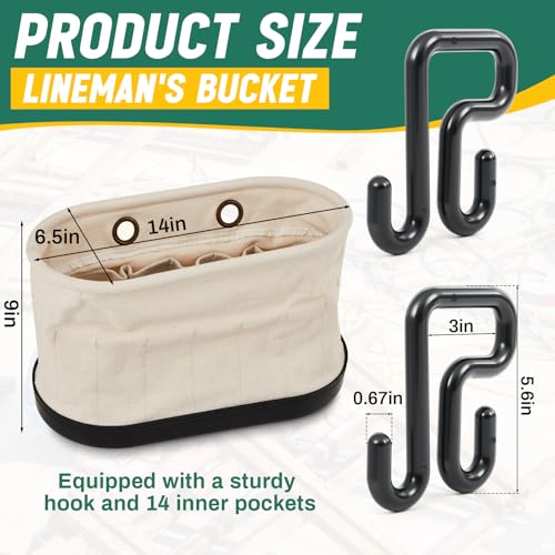 Vesici 1 Set White Canvas Lineman Tool Bucket Bag with Hook, 15 Pockets