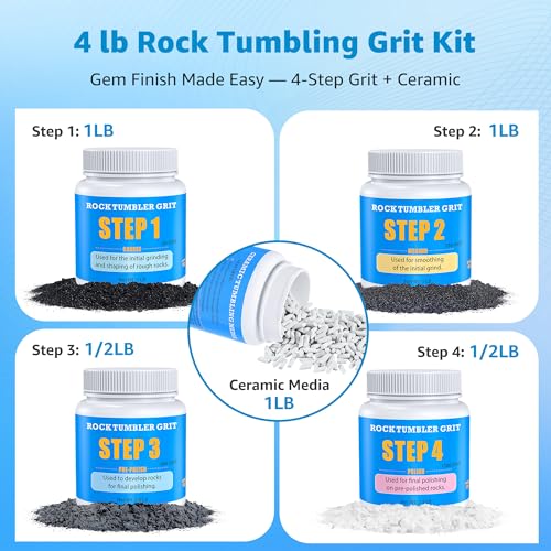 Rock Tumbling Grit & Polish Bundle – 4-Step Rock Tumbling Grits & Ceramic Media Kit + 8000 Grit Aluminum Oxide Polish, Step 5 Ultra-Fine High Gloss Finishing Refill for Rocks, Gems & Glass