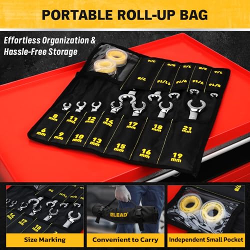 ELEAD 14-Piece Flare Nut Wrench Set with PTFE Tape, Metric & SAE 1/4"-7/8"& 6-21mm, Brake Line Wrench Set Double Open End with Organizer Pouch for Repairing and Removing Nuts Silver