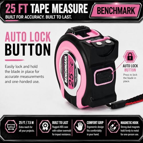 Benchmark - Pink - 3 Pack - 25 ft Tape Measures - Easy to Read Fractions to 1/8th inch - Magnetic Tip - Thumb and Quick Lock - Autowind - Belt Clip