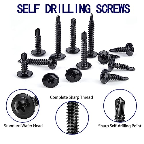 500PCS 410SS Sheet Metal Self-Drilling Screws Phillips #8#10 Assortment #8 #10X1/2" to #8 #10X1-1/2'' suit BLACK
