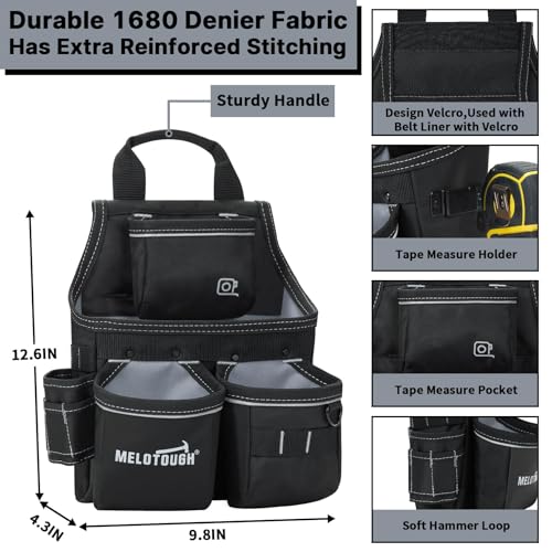 MELOTOUGH Tool Pouch with Belt, Electrician Tool Pouch with Detachable Hammer Holster for Electrician, Carpenter, Construction