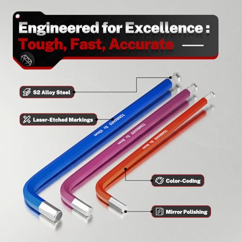 TOMMARS 26-PC Allen Wrench Set, Magnetic Ball End, T-Handle & Color Coded 26-PC Metric & SAE