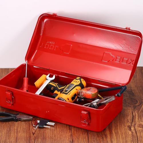 HARFINGTON Portable Tool Box, 17" x 8" x 4" Trunk Tool Storage Box Steel Organizer Mountain Toolbox Double Metal Latch with Handle for Garage Warehouse Workshop Household, Red 17" x 8" x 4"