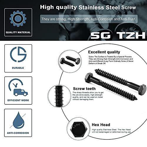 1/2" x 2" Hex Head Lag Screws Bolts 20Pcs 304 Stainless Steel 18-8, Partial Thread, Hexagon Head Wood Screws by Black Oxide by SG TZH 20 1/2" x 2"