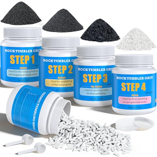 Rock Tumbling Grit & Polish Bundle – 4-Step Rock Tumbling Grits & Ceramic Media Kit + 8000 Grit Aluminum Oxide Polish, Step 5 Ultra-Fine High Gloss Finishing Refill for Rocks, Gems & Glass