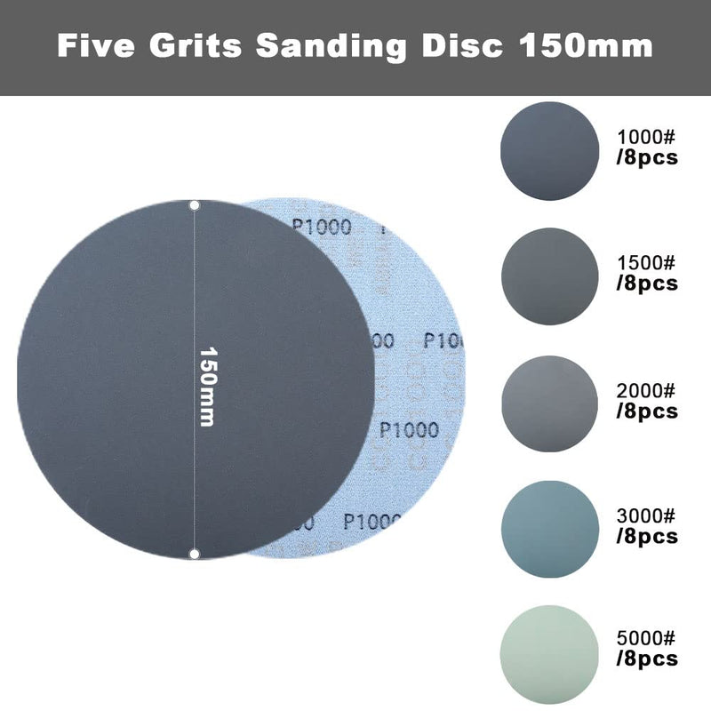 150mm sandpaper for polishing (grit 1000/1500/2000/3000/5000), 40 pieces 150mm sanding discs 6 inch sanding sheets for car paint work grit 1000/1500/2000/3000/5000