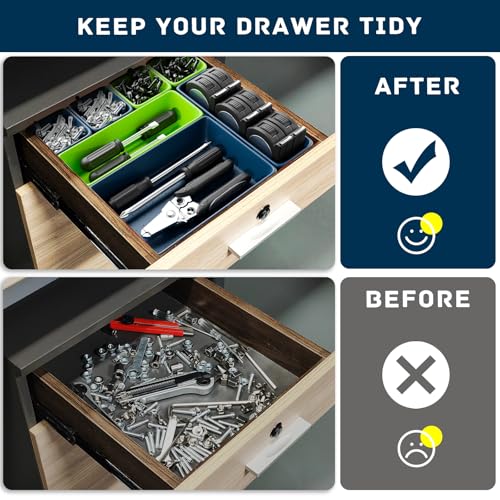 47pcs Tool Box Organizer, Tool Drawer Organizer Trays with Non-slip EVA Pads – Interlocking Divider Set, Fit Garage Storage Desk Drawers & Rooling Tool Cart (Blue & Green 47PCS) Blue & Green 47PCS