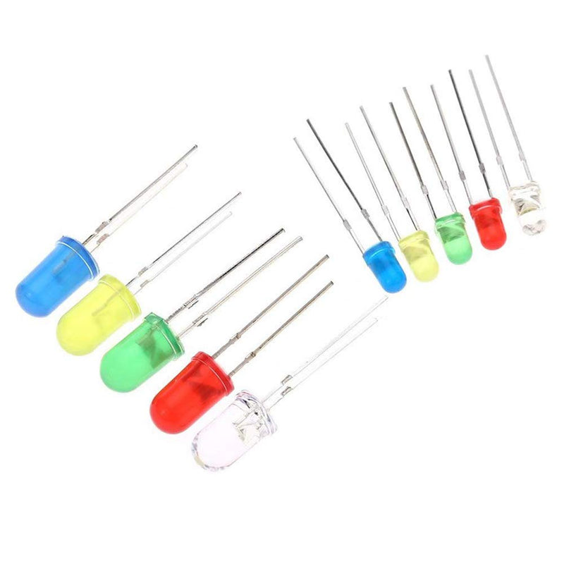 MINGZE LED light diode set, 3 mm 5 mm diodes electronic components light diodes round 2-pin electronic components with 5 colors red blue green yellow white (200 pieces)