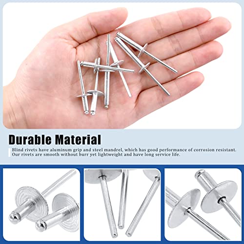 Glarks 290Pcs 5/32" x 5/16" / 3/8" / 1/2" / 5/8"/ 13/16" / 1" / 1-3/16" Large Flange Aluminum Blind Rivets Pop Rivets Assortment Set for Joining Metal Plate Pipe Automotive