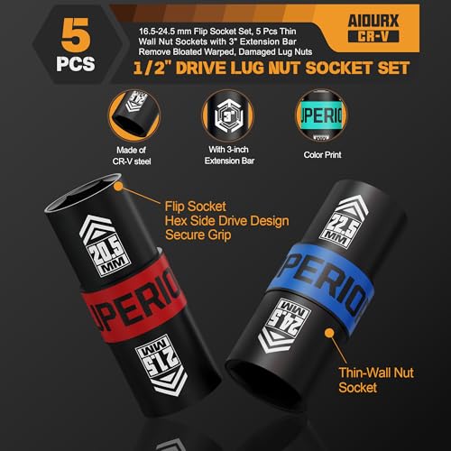 1/2" Drive Lug Nut Socket Set, 16.5-24.5 mm Flip Socket Set, 5 Pcs Thin Wall Nut Sockets with 3" Extension Bar, Remove Bloated Warped, Damaged Lug Nuts 5PCS：16.5MM-24.5MM