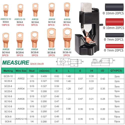 Twidec/160PCS Battery Cable Ends AWG 2 4 6 8 10 12 Gauge Copper Cable Wire Lugs,Ring Terminals Connectors,Copper Ring Terminals Connectors and Hammer Lug Crimper Tool 8 AWG to 0000 AWG 160PCS + Crimper Tool