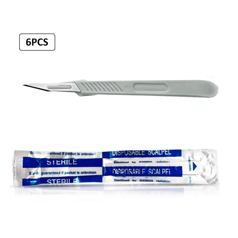 Disposable plastic surgical scalpel knives, disposable scalpel blade, sterilized disposable scalpels, disposable scalpels figure 11 with protective cap, individually sterile packed, (pack of 6) No. 11-6PC