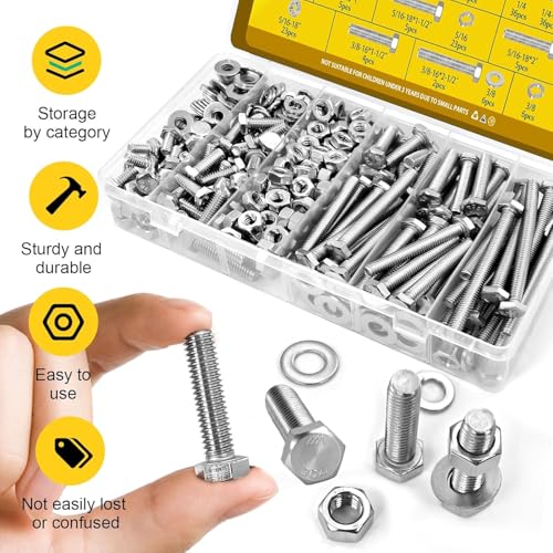 224PCS 1/4-20 Hex Bolts and Nuts Assortment Kit, 304 Stainless Steel SS 1/4-20 224pcs
