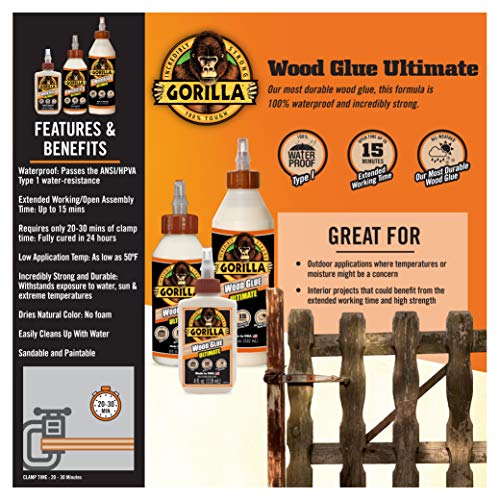 Bundle of Gorilla Ultimate Waterproof Wood Glue, 18 Ounce, Natural Wood Color, (Pack of 1) + Gorilla All Purpose Wood Filler, 6oz Tube, Natural (Pack of 1)