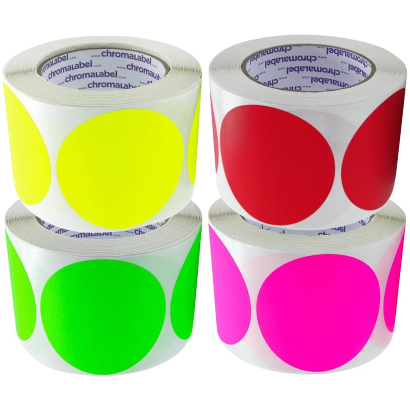 ChromaLabel 3 Inch Removable Round Sticker Labels, Easy to Write On Labels - 500 Sticky Dots per Roll, Matte Finish Fluorescent Green, Fluorescent Yellow, Fluorescent Pink, and Red Dot Stickers 3"