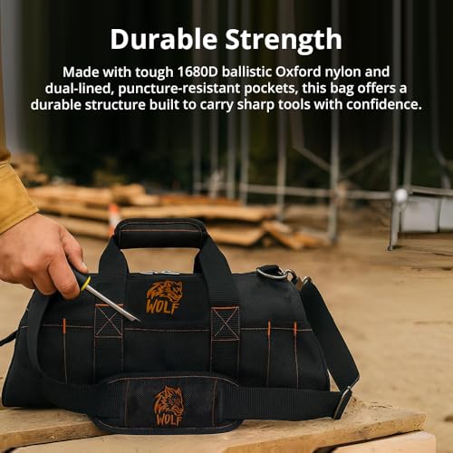 WOLF 22" Wide Mouth Tool Bag with Molded Base | Heavy-Duty 1680D Nylon | Electrician & Contractor Organizer