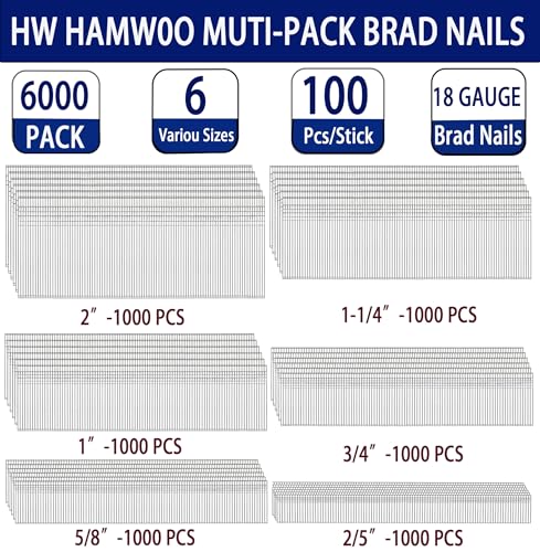 HW HAMWOO 18 Gauge Brad Nails, 2", 1-1/4", 1", 3/4", 5/8", 2/5" Assembly---6000pcs