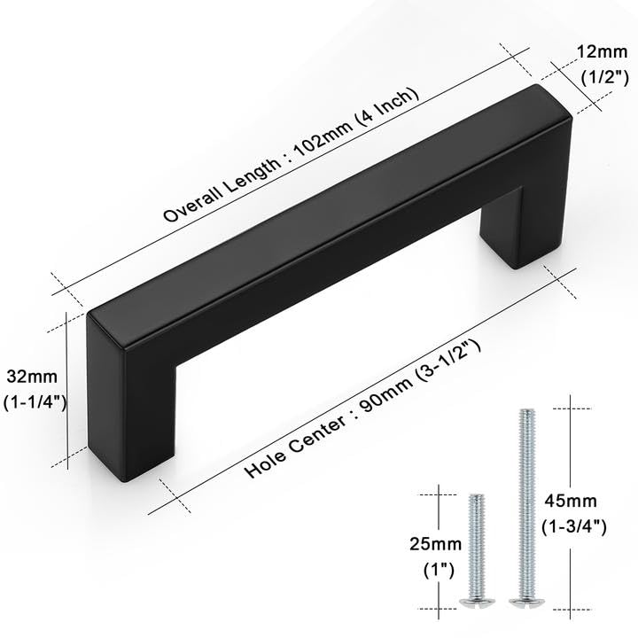 Probrico 12 Pack 3-1/2 Inch (90mm) Hole Center Cabinet Handles Stainless Steel Kitchen Drawer Pulls Square Bar Cabinet Hardware for Kitchen Bathroom Cupboard 3-1/2" hole center Black