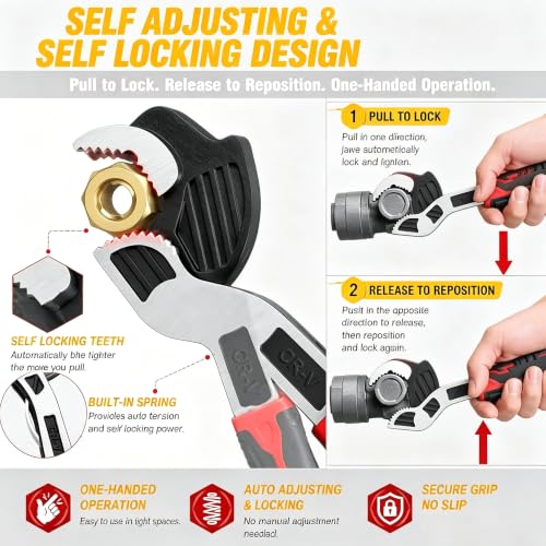Self Adjusting Pipe Wrench, 6” 8” 10” 12" Pipe Wrench Set, Plumbers Wrench with Self Tightening Function for 9/32" to 1-11/16" (7-43mm) Pipe Fittings, Standard Nuts and Irregular Nut 6+8+10+12 Inches