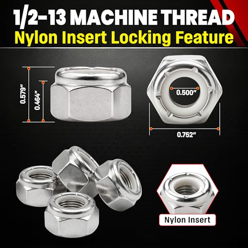 Chenango Supply 1/2-13 Stainless Steel Nylon Insert Lock Nuts – 304 Stainless, USS Coarse Thread, 100,000–125,000 PSI Tensile Strength, Corrosion-Resistant Nylock Nuts, 50 Pieces (1/2-13 Nylock)