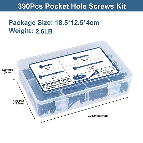 SATANTECH Pocket Hole Screws Assortment Kit, 390Pcs in 4 Sizes #8 x 1, 1-1/4", 2", 2-1/2", Coarse Thread Wood Screws with Square Drive, Blue Coated, Self Tapping, Drive Bit Included