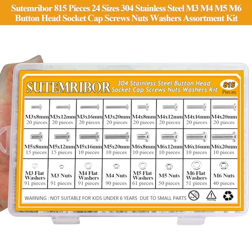 815 Pieces M3 M4 M5 M6 Button Head Socket Cap Screws Nuts Washers Assortment Kit, Metric Screw Assortment with Hex Wrenches, 304 Stainless Steel, Fully Threaded M3M4M5M6 (815 Pieces)