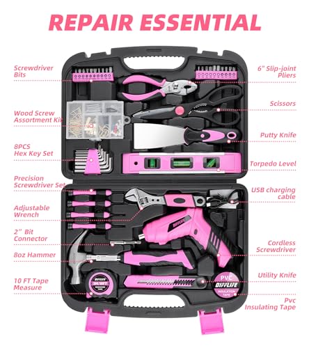 143-Piece Pink Tool Set, Home Repair Kit with Power Screwdriver for Women